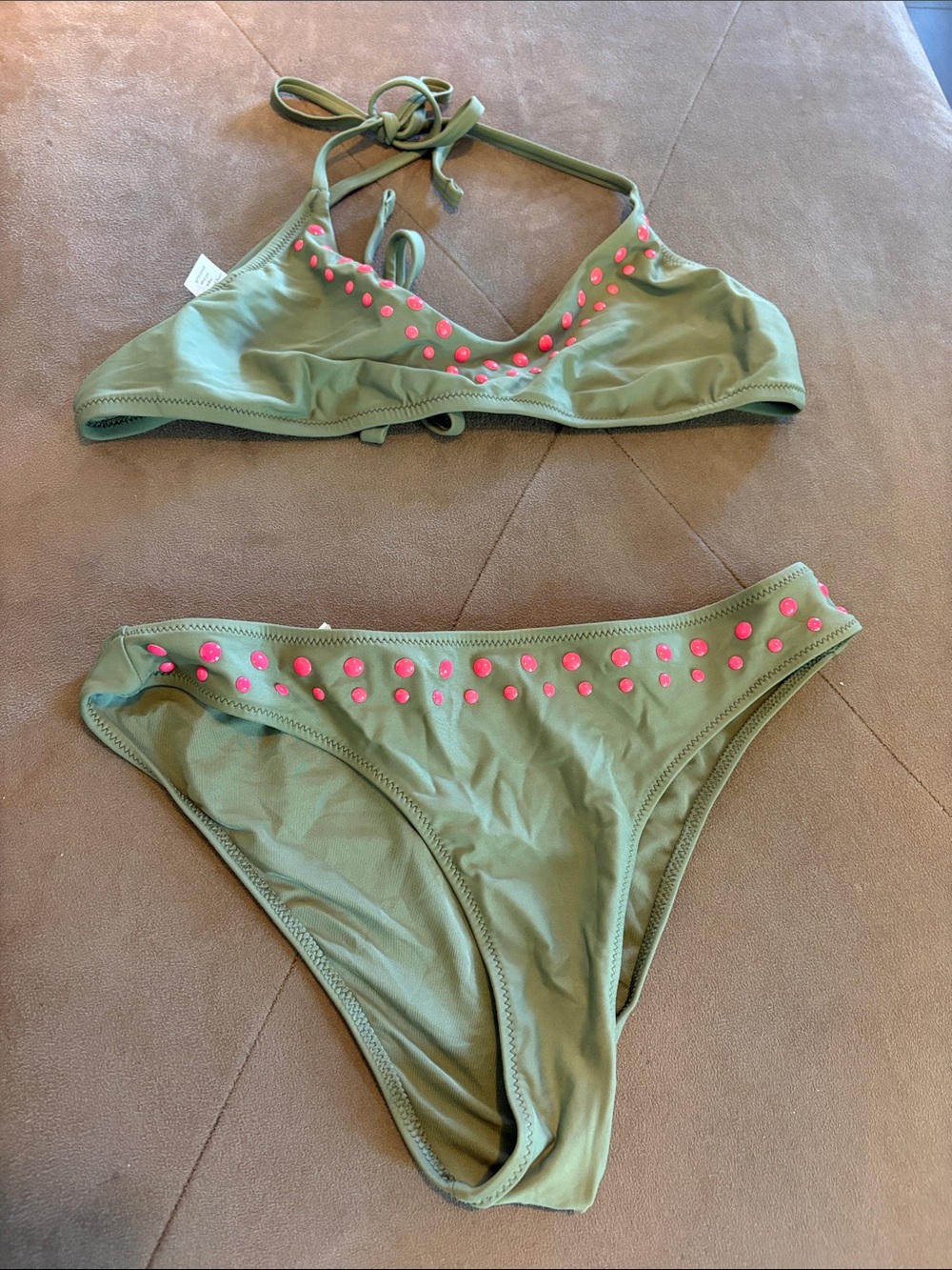 American Eagle Outfitters Olive Green Bikini with Pink Stud Accents